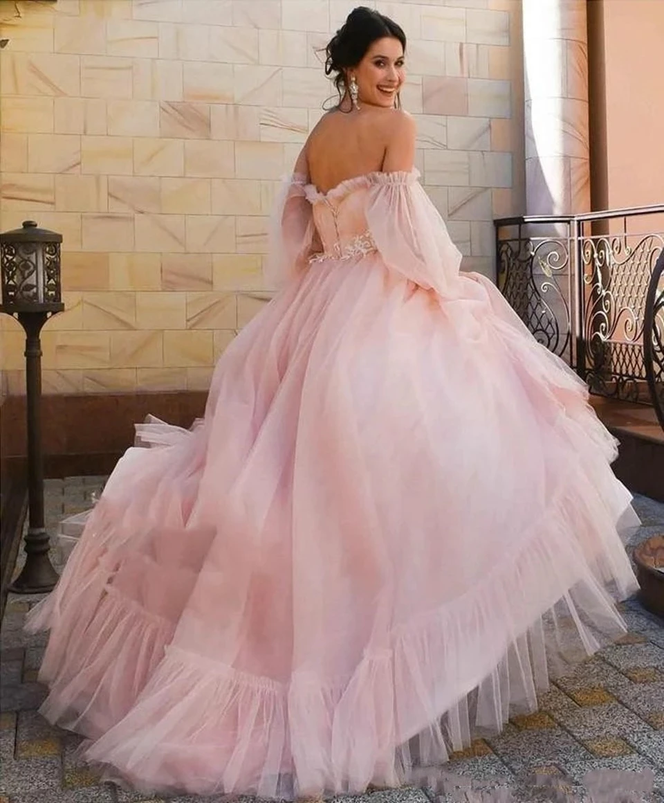 

Boho A Line Off Shoulder Boat Neck Long Sleeves Appliques Evening Dress Tulle Women Cocktail Party Gowns Vestido De Fiesta