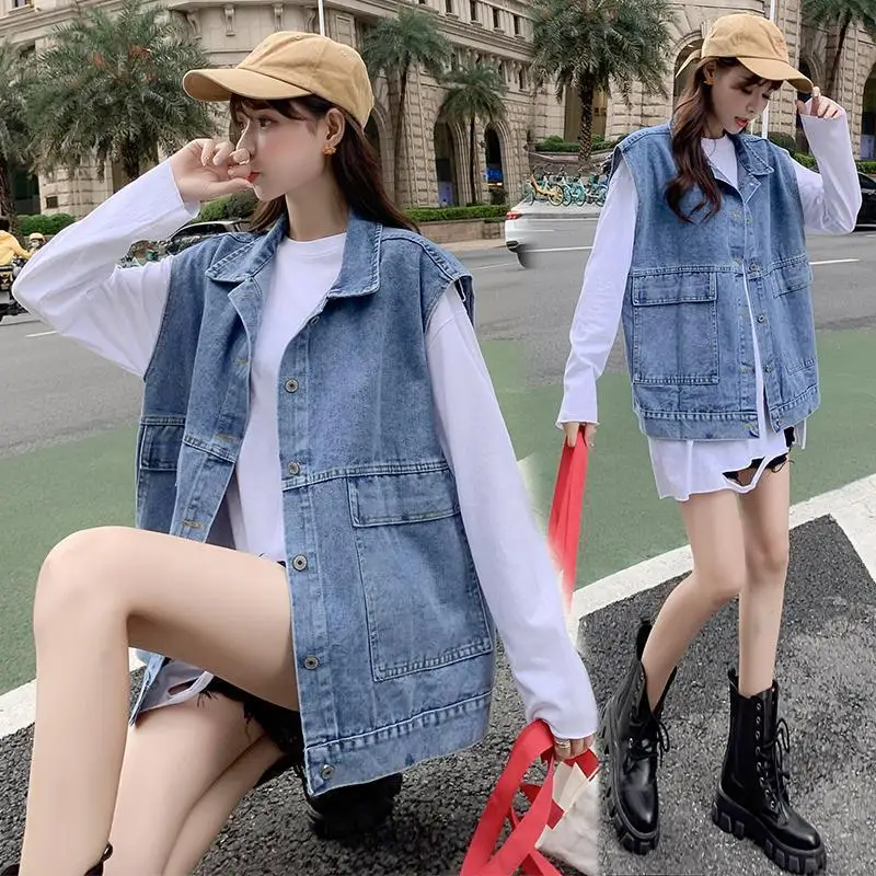 

Women's Spring Denim Jacket 2021 New Versatile Jeans Vest BF Loose Korean Version Harajuku Style Sleeveless Clothes Plus Size