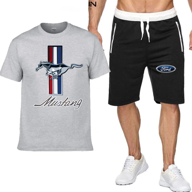 

NEW Summer Men's T-shirt Set 2-piece Men's Sportswear For Mustang Suit Printed Short Sleeve + Men's Suit