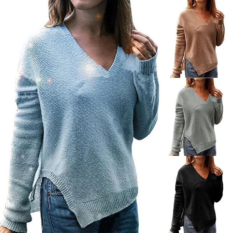 

Fannic Women's V-neck Sweater Solid Color One Side Split Long Sleeve Knitted Pullover Brown Spring and Autumn 2021 S-XL