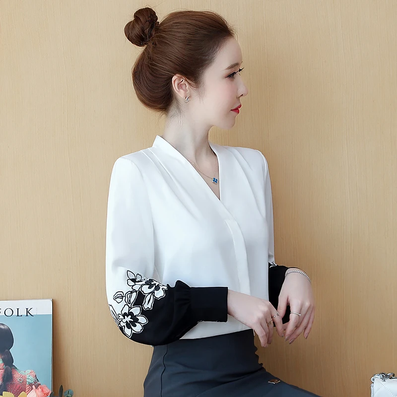 

Рубашка COIGARSAM, женские топы, осень 2021, новые шифоновые однотонные свободные женские рубашки с длинным рукавом и вышивкой и V-образным вырезом