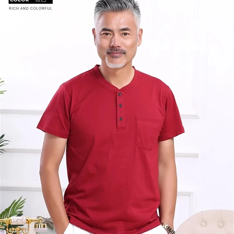 

Oversized t-shirt Middle aged father short sleeve men's real pocket old man cotton loose grandfather solid color