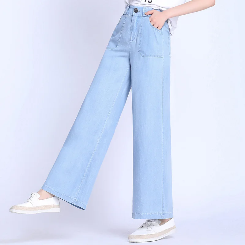 Брюки женские джинсовые с широкими штанинами и завышенной талией свободные