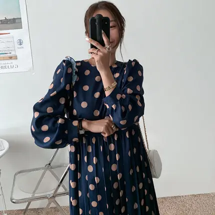 

SuperAen Spring Autumn New Loose Slim Full Chiffon Polka Dot Retro Casual Pleated Woman Dress