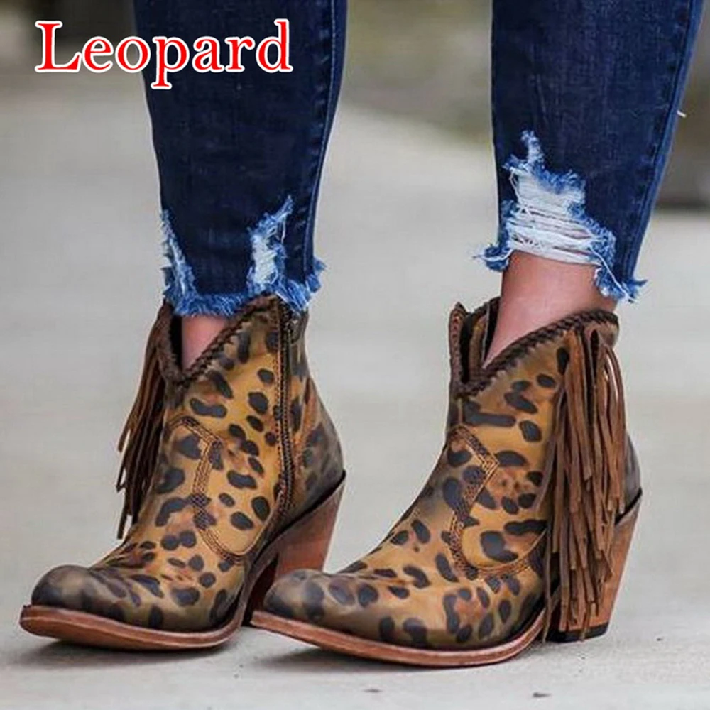 Leopard MoneRffi Women Shoes fashion Leopard Print Sexy Pointed Toe Ankle Boots Slip on Deep V High Heel Ankle boots Lady Shoes - Цвет: Leopard