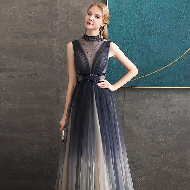 Новинка 2021 черное Тюлевое вечернее платье с бисером длинное открытой спиной