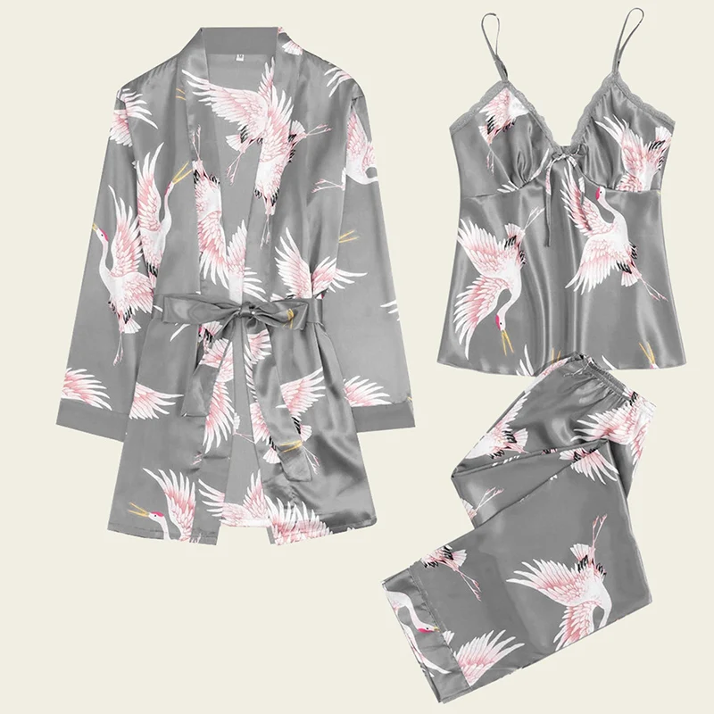 

3PC Robe Sleep Suit Womens Lace Silk Satin Pajamas Suit Gown Set V-Neck Cami Nighties Wear Pijama Home Nightwear Nightdress 2021