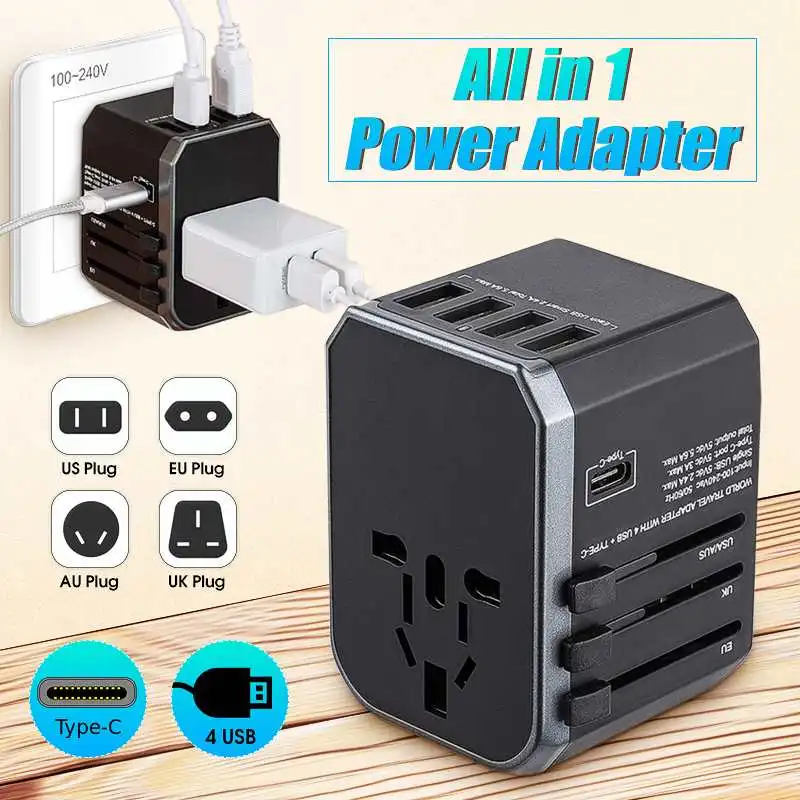 Travel Adapter International Universal Power Adapter Wall Charger 4 USB Port Type-C Electric Plugs Sockets For EU/UK/US/AU
