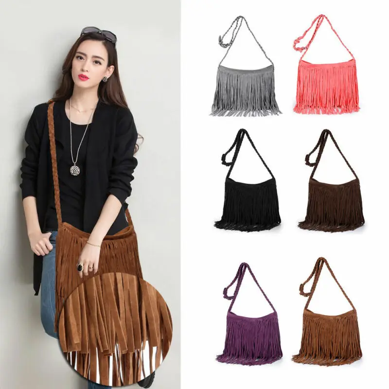Женский кошелек типа Мессенджер с бахромой и кисточками Замшевая сумка через