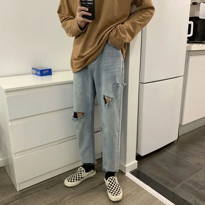 

2020 Casual Exquisite Korean Style Homme Male Holes Cut Broken Jeans Middle Waist Ankle-length Personalized Men's Pants S-xl