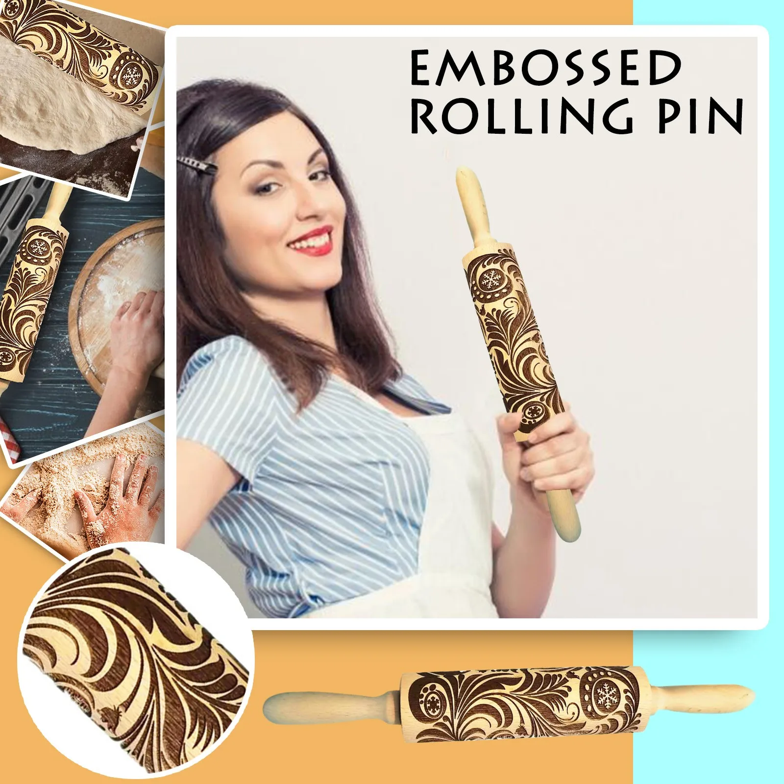 Скалка с Дамасским тиснением Деревянный инструмент для выпечки печенья помадки