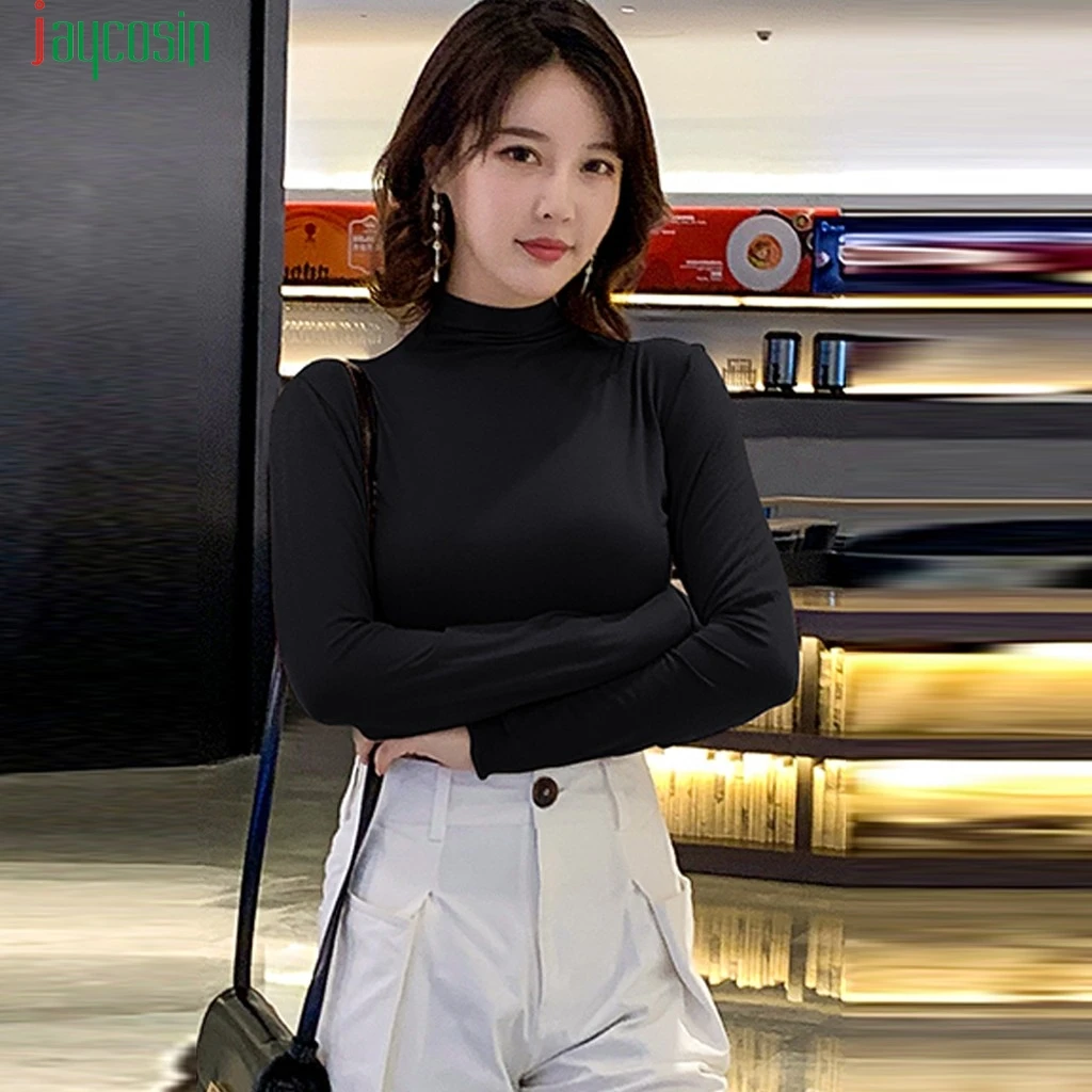 Женские однотонные топы с высоким воротником и длинными рукавами элегантный