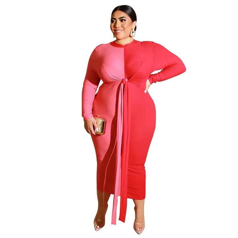 4XL 5XL плюс Размер цветной блок Новое Женское Макси платье с круглым вырезом с длинным рукавом весна осень длинное платье большой размер 3XL сексуальная одежда платья