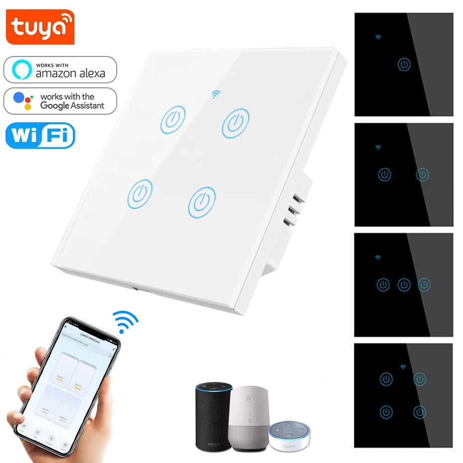 

Tuya Smart Touch Switch 86 EU Glass Panel WIFI Light Switch 1/2 /3/4 Gang 220V No Neutral ,Voice Remote Control Timing Function