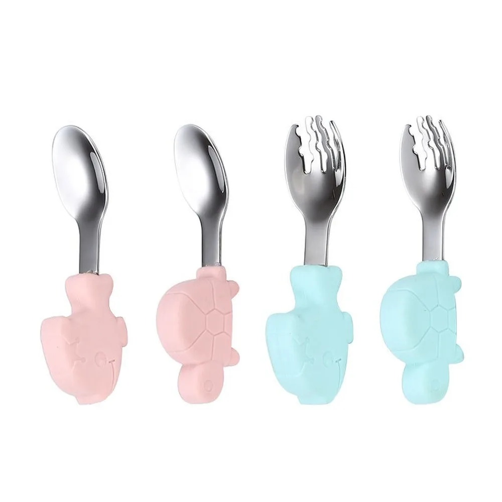 

Stainless Steel Children's Silicone Short Handle Fork Spoon Set Cartoon Baby Learn To Eat Training Tableware Feeding Utensils