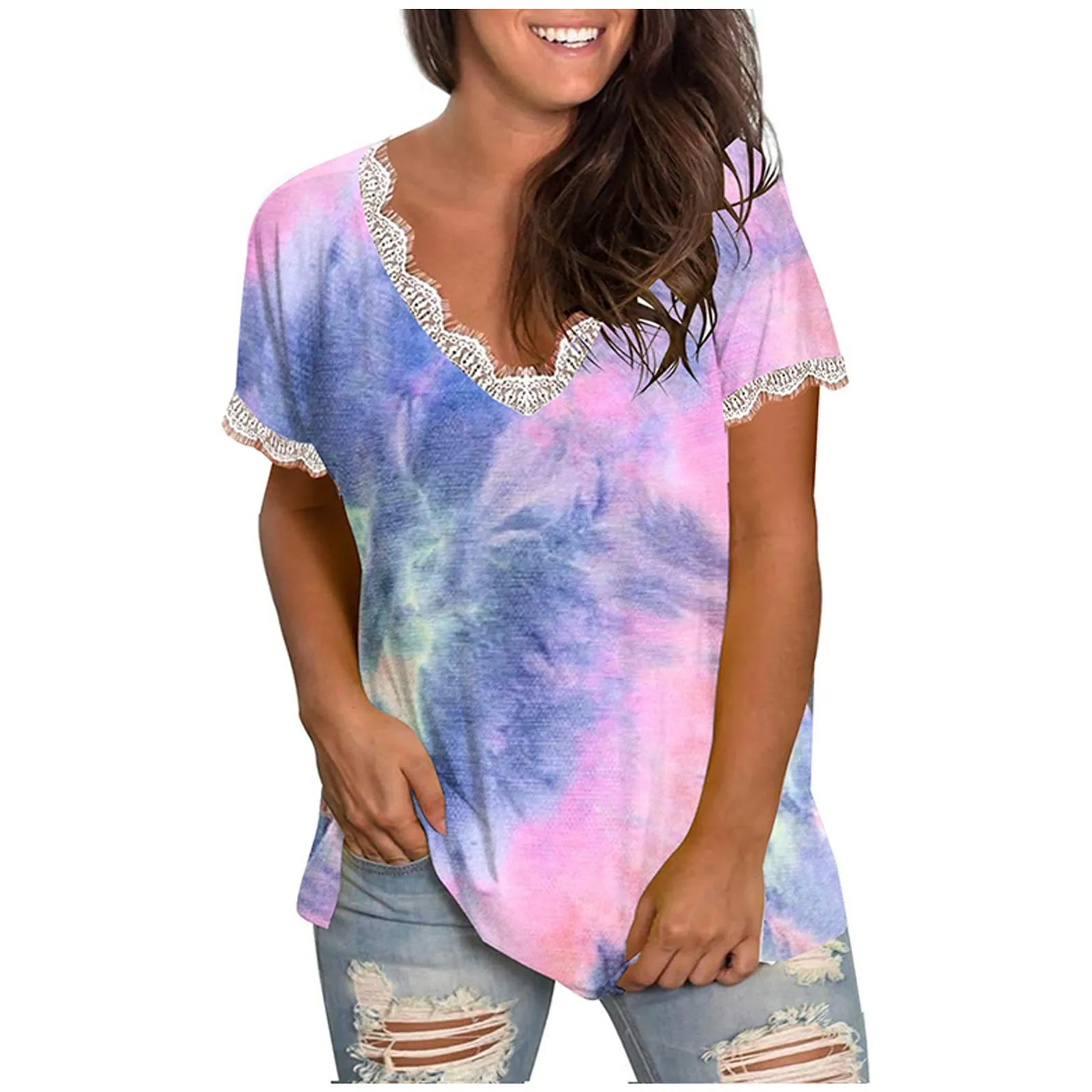 

Tie-dye Purple Tops For Ladies Blouse Femme Fashion Women Casual Printing Shirts Short Sleeve Loose Tops V-neck Blouse Tops
