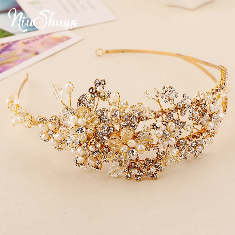 Винтажная тиара NiuShuya в стиле барокко золотые стразы жемчужные короны с цветами