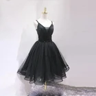 Черное элегантное платье для встречи выпускников с V-образным вырезом на бретельках с блестками и оборками из тюля бальное платье для женщин короткие коктейвечерние платья