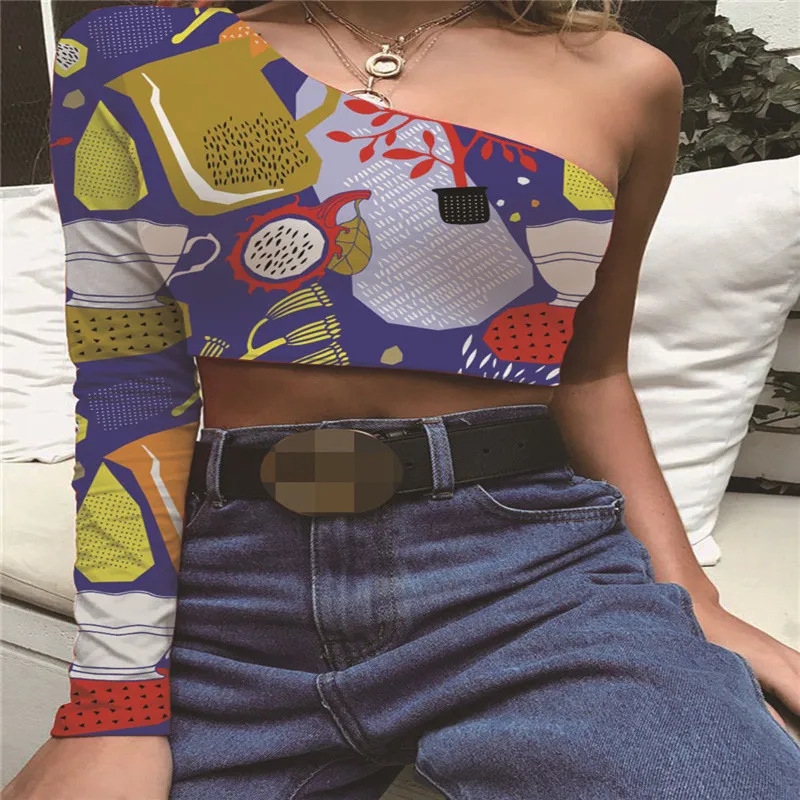 

2021 Summer Sexy Skew Collar O Ne Sleeve Women's T Shirt Fashion Casual Bohemia Print Crop Tops Backless Ladies T Shirts