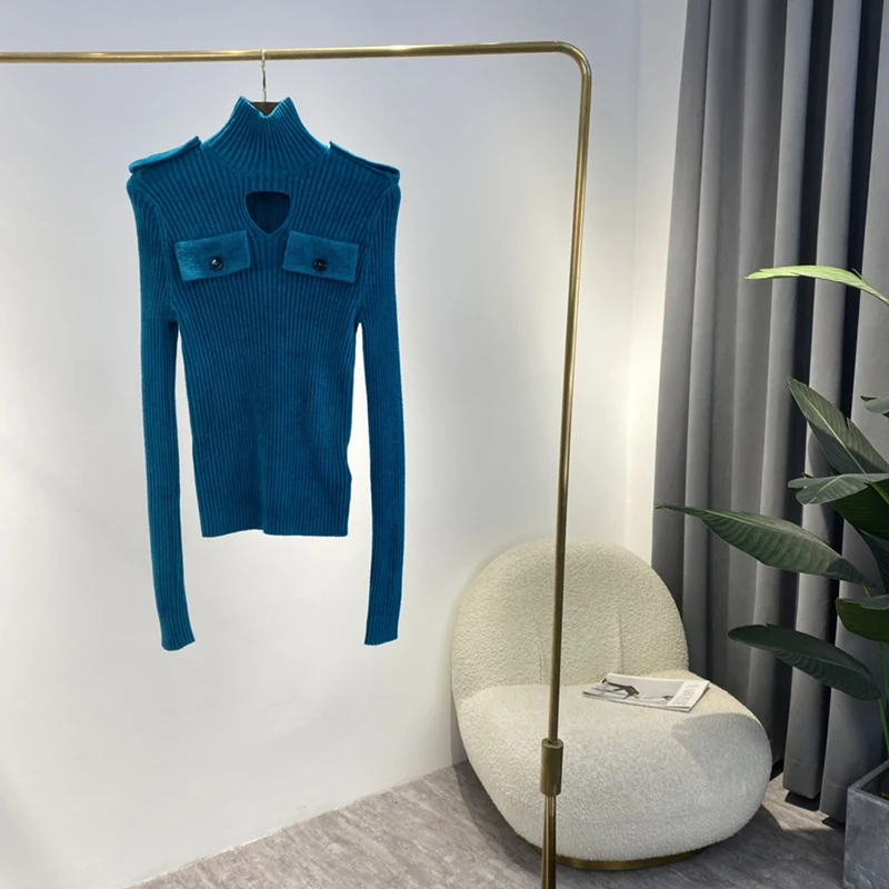 

2021 Autumn Winter New Top Quality Designer Fashion Style Sweetheart Cut Out Long Sleeve Turtleneck Blue Sweaters For Women