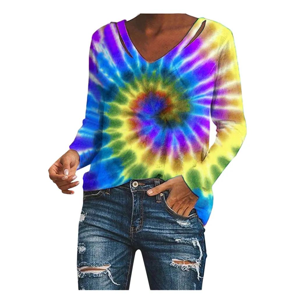 Women Tie-dye V-neck Gradient Contrast Color Long Sleeve Top Pullover Sweatshirt Las Mujeres Sweetshirts Спортивный Костюм Женск