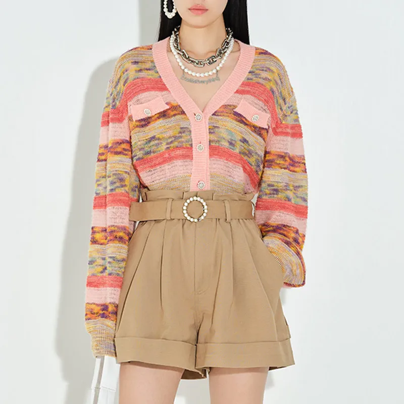 

Runway Mix Colors Striped Cardigan Women 2021 Early Autumn Thin Cropped Cardigan Long Sleeve V Neck Single Breasted Sweater Coat