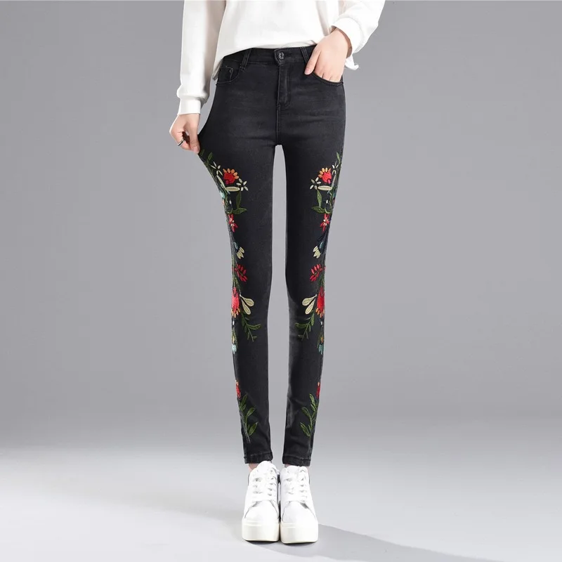 Женские джинсы с вышивкой сбоку брюки высокой талией для женщин размера плюс