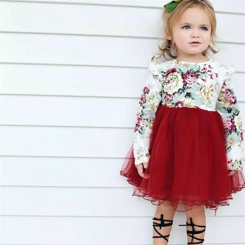 Sweet Toddler Kid Baby Girl princess Dress Newborn Autumn Floral Ruffle Long Sleeve Tulle Tutu Red Patchwork 1-4T | Детская одежда и