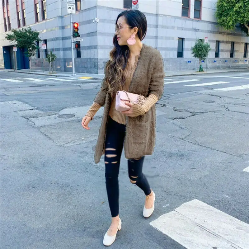 Женский Длинный флисовый кардиган пушистая однотонная повседневная меховая