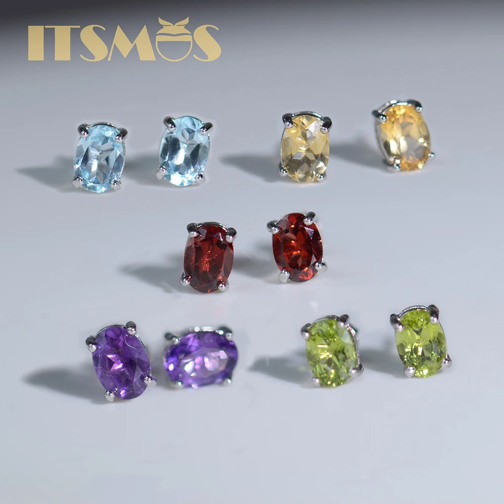 

ITSMOS Natural Stone Topaz Garnet Amethyst Citrine Earrings Classic Peridot s925 Silver Stud Earrings Jewerly Brithday Gift