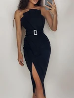 skmy ladies black strapless dress 2021 autumn new women clothing solid color bodycon slit dress party sexy club outfits