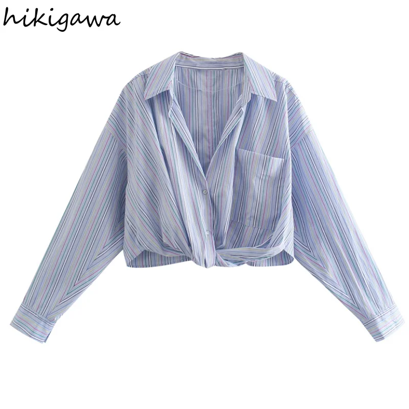 

Блузки Hikigawa, корейская мода, рубашки с отложным воротником, длинными рукавами, украшенные узлом, повседневные свободные Полосатые блузки с ...
