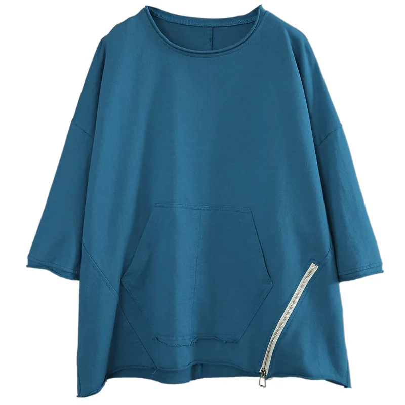 

Max LuLu Japan Style 2021 Summer Tee Ladies Zippers O-Neck Tops Women Cotton Pocket Blue T-shirts Half Sleeve Oversized Clothing