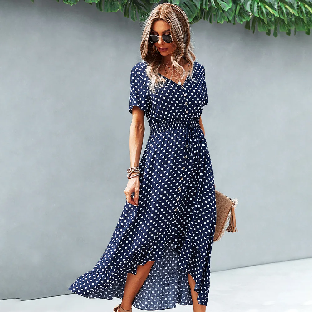 

Ladies Vintage Dot Polka Print Summer Dress Women Casual V neck Midi Party Holiday Sundress Women Beach Dress Female Vestidos