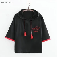 2021 summer new short sleeve hooded cotton t shirt women harajuku japan style volcano embroidery tassel casual black t shirts