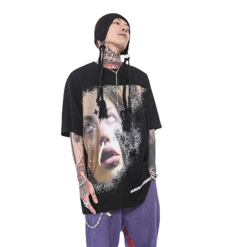 

2021 Men's clothing HipHop Fashion Depressed Portrait Short-Sleeved T-shirt Men's High Street Hip Hop Casual Loose T-shirt