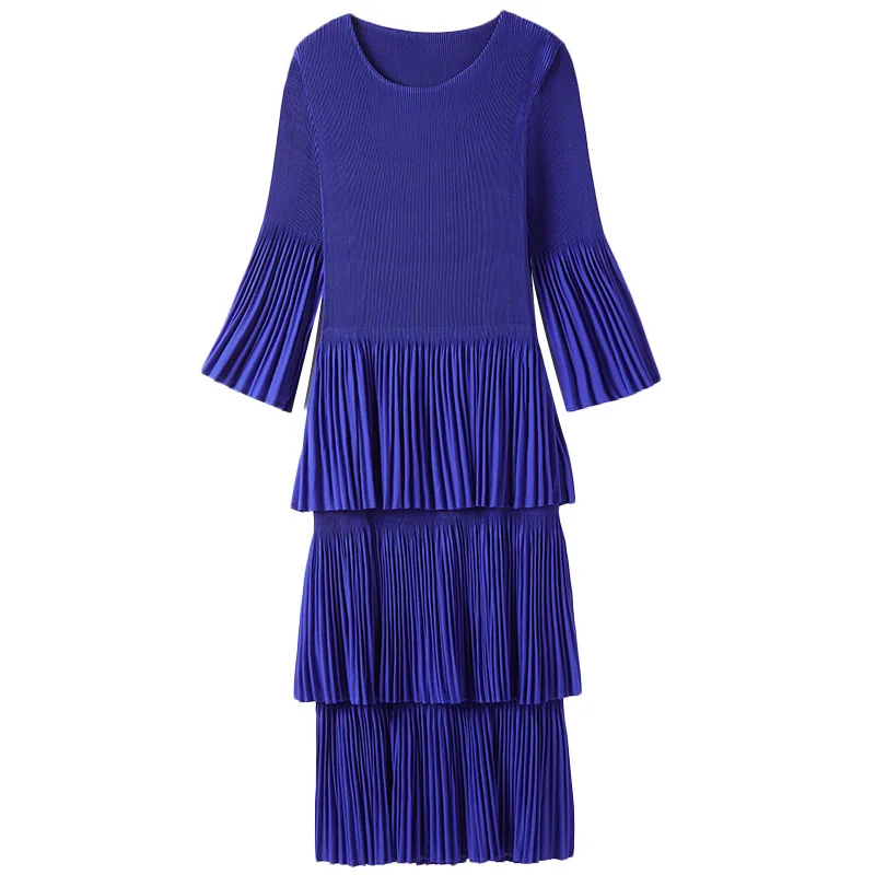 

Pleated Cake Dress 3/4 Trumpet Sleeve Elegant Temperament Stretch Slim Over The Knee Dress