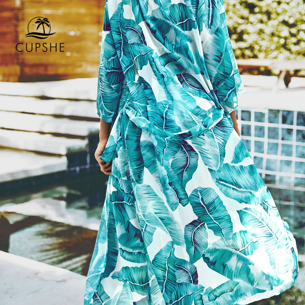 CUPSHE синий Лисий принт бикини накидка с поясом сексуальная Длинная кимоно Халаты