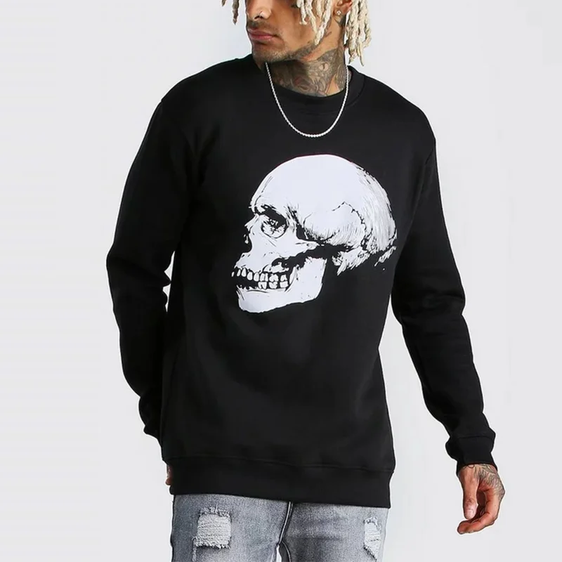 

custom terry skull printed round neck fit casual pullover sweatshirt mens