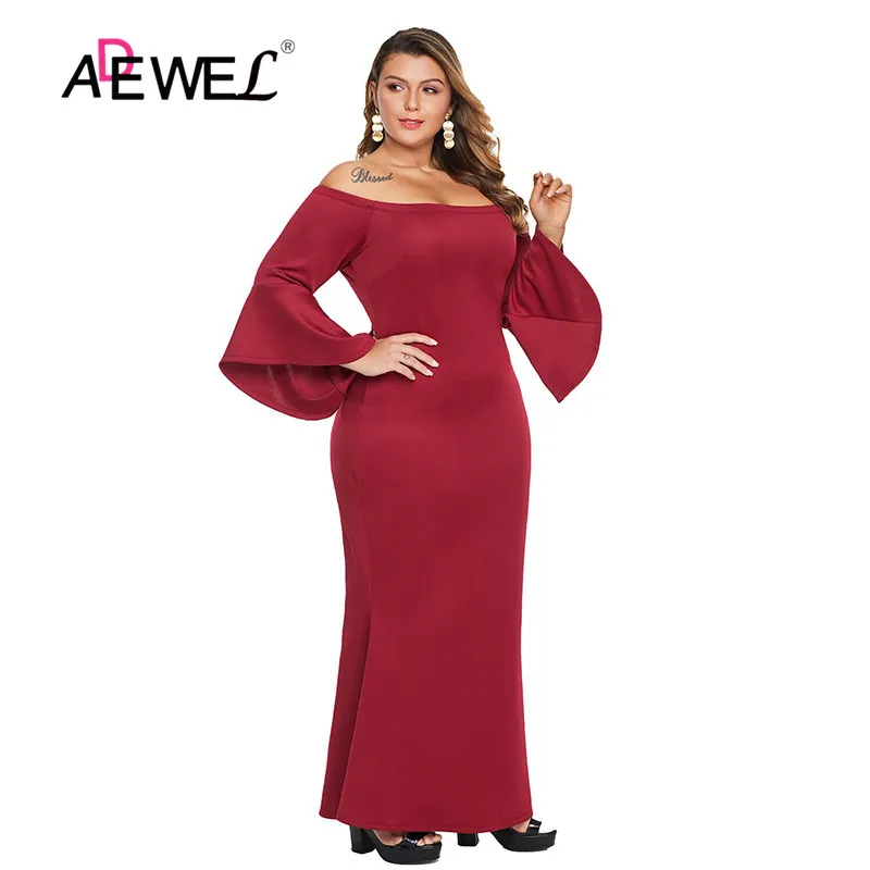 ADEWEL Черное Красное платье размера плюс с открытыми плечами и расклешенными
