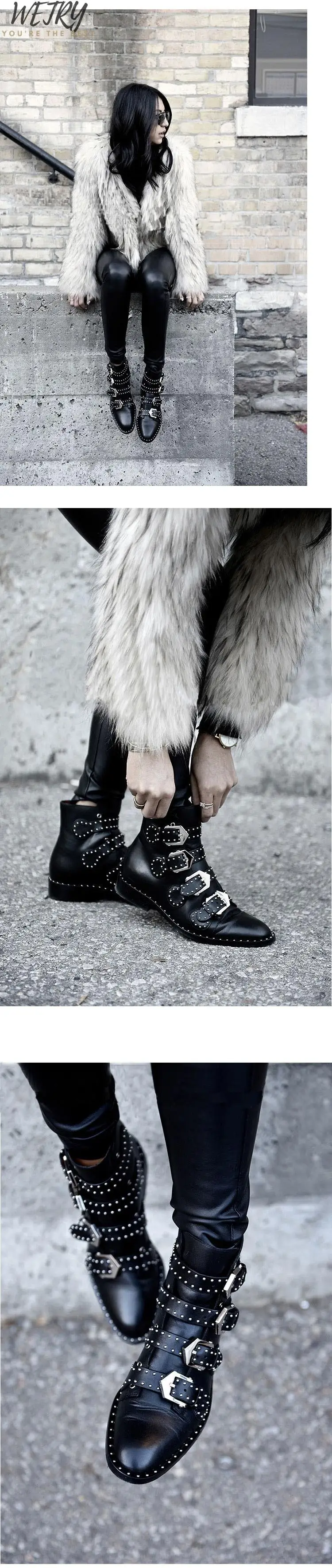 Кожаные ботильоны на широком каблуке с пряжками ремешках Цвет Черный Женские