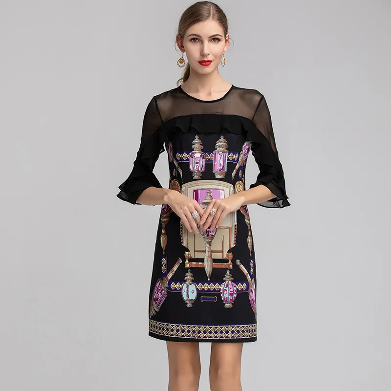 

See-through Patchwork Ruffled Mid-Sleeve Black Dress Zipper Court Print Slim-Fit Feminine Temperament Skirt