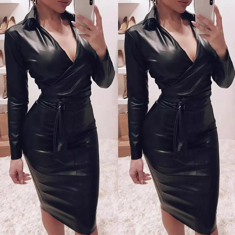 

Sexy Long Sleeve Shirt Black Dress Pu Leather Female Club Party Short Dress V Neck Lace Up Bandage Latex Bodycon Midi Dress