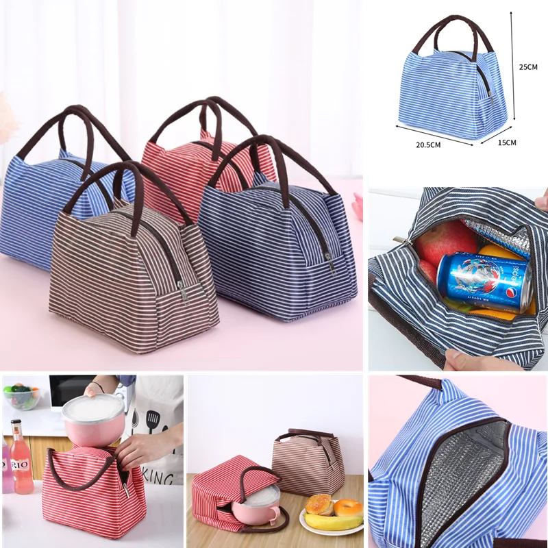 

Newest Lunch Bag Insulated Cold Canvas Stripe Picnic Carry Case Thermal Portable Lunch Box Women Kids Men Lunch Box Bag Tote