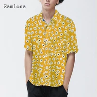 samlona plus size men shirt blusas open stitch tops sexy men clothing 2022 summer new casual pullovers daisy print mens blouse