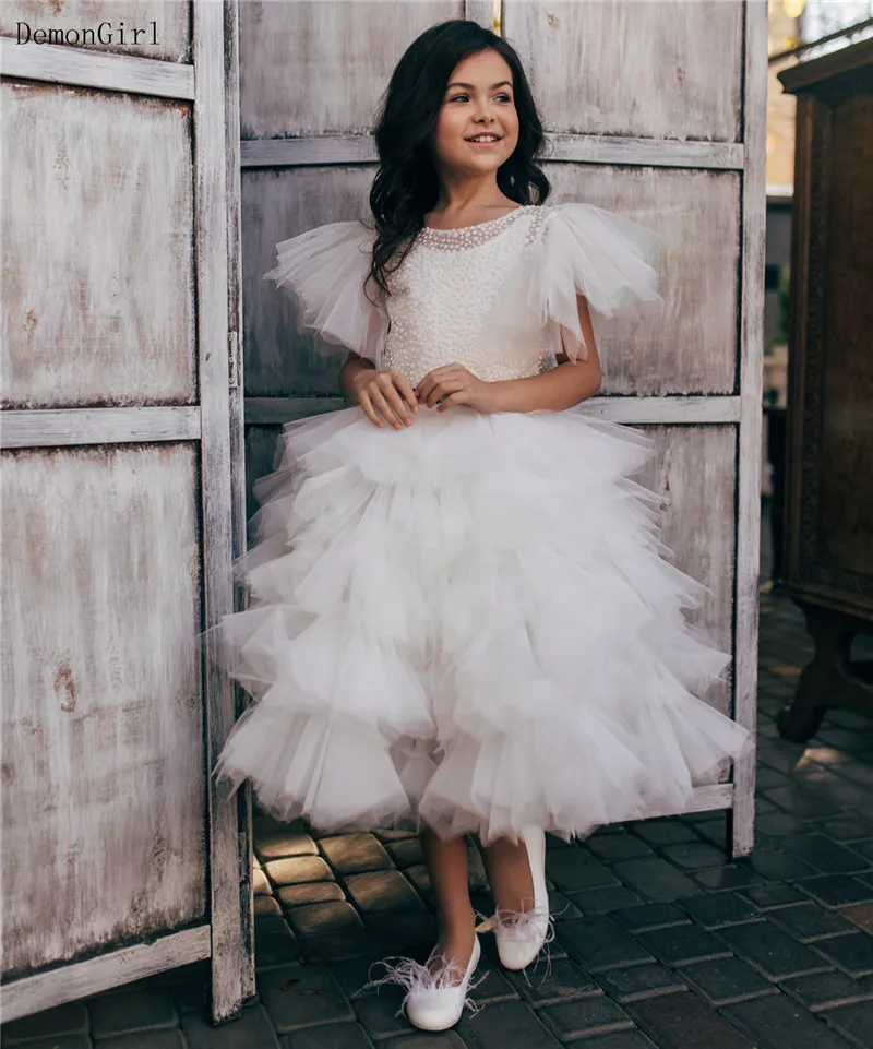 

A Line Flower Girl Dresses Ivory White Ruffle Tulle Little Princess Birthday Party Girls Pageant Gown