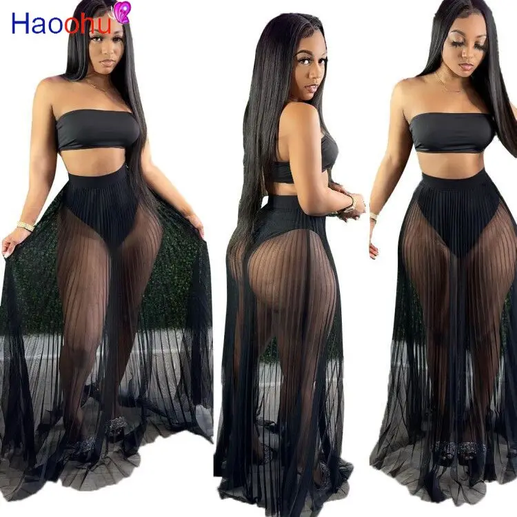 HAOOHU Mesh Sheer 3 Piece Set Off Shoulder Crop Top Beach Dress for Women Summer Outfits Swimsuit Sexy Clubwear Matching Sets