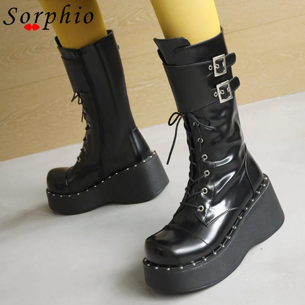 

Women Chunky Heel Platform Wedges Fashion Popular Hot Sale Boots Round Toe 2021 New Arrival Goth Buckle Brand Design Shoes Woman