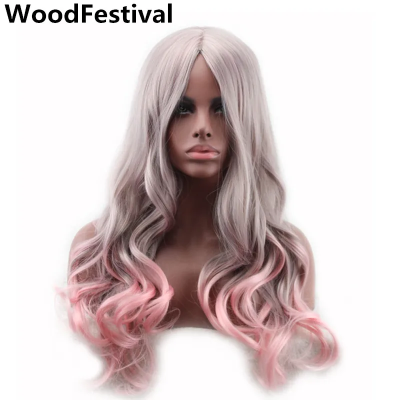 

WoodFestival Wavy Long Hair Wig Synthetic Cosplay Wigs For Women Ombre Red Green Pink Grey Blonde Black Blue Burgundy Brown