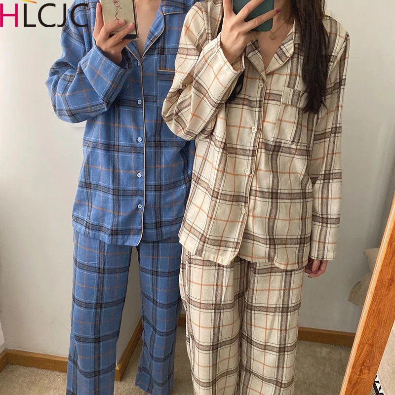 

1Set Couple Pajamas Set Fashion Grid Color Homewear for Women Men Sleepwear Soft Cotton Pyjamas Couples Pijamas Mujer Home Suits